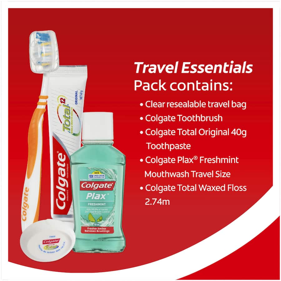 Colgate Oral Care Travel Essentials Kit featuring toothbrush, toothpaste, mouthwash, and dental floss in a resealable bag.