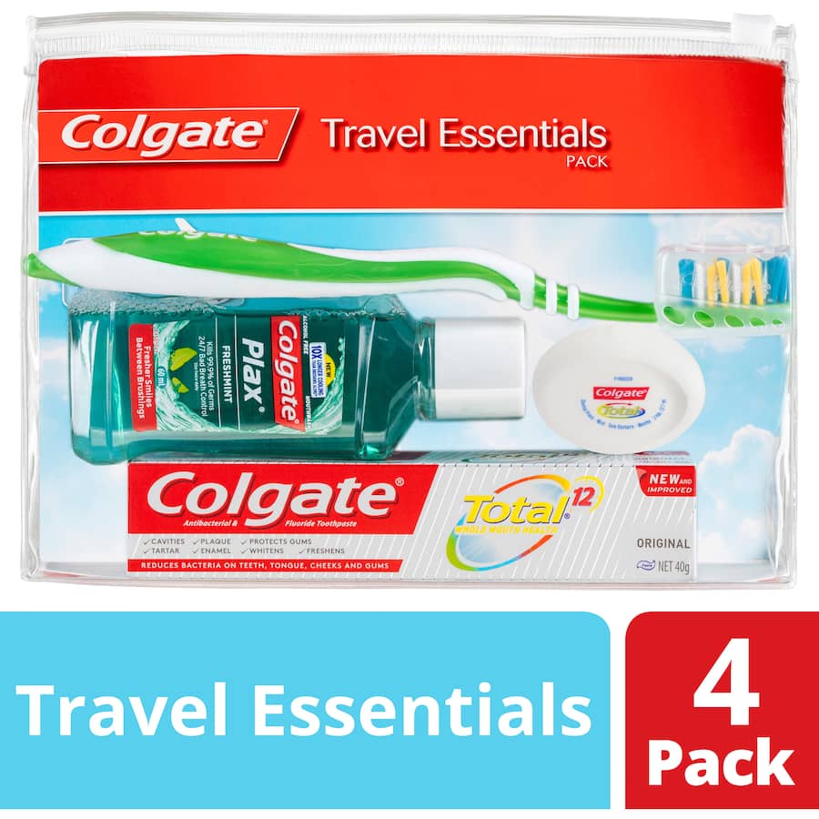 Colgate Oral Care Travel Essentials Kit, includes toothbrush, toothpaste, mouthwash, and floss in a resealable bag for travel.