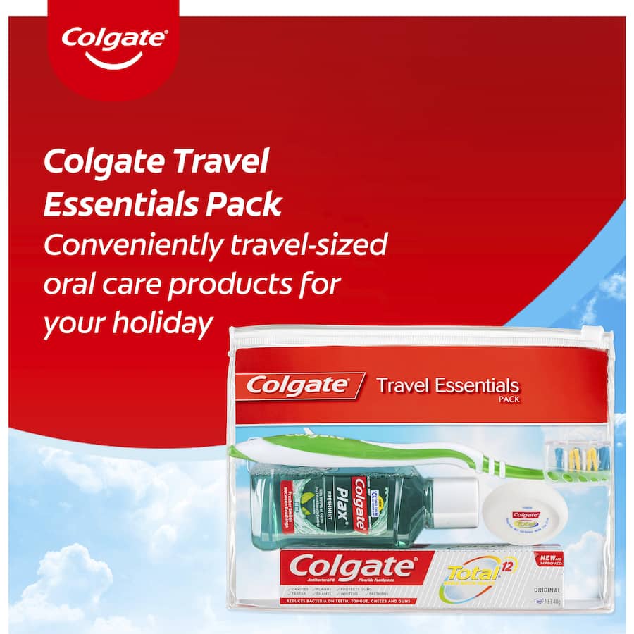 Colgate Oral Care Travel Essentials Kit with toothbrush, toothpaste, mouthwash, and dental floss in a resealable bag.