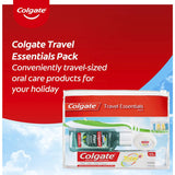 Colgate Oral Care Travel Essentials Kit with toothbrush, toothpaste, mouthwash, and dental floss in a resealable bag.