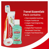 Colgate Oral Care Travel Essentials Kit with toothbrush, toothpaste, mouthwash, and dental floss for on-the-go dental hygiene.