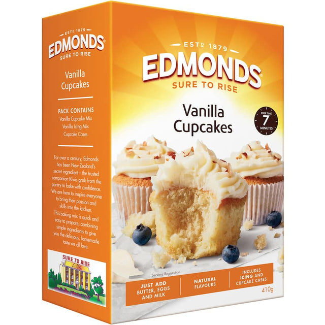 Delicious Edmonds vanilla cupcake mix for soft, fluffy cupcakes; perfect for any celebration or family gathering.