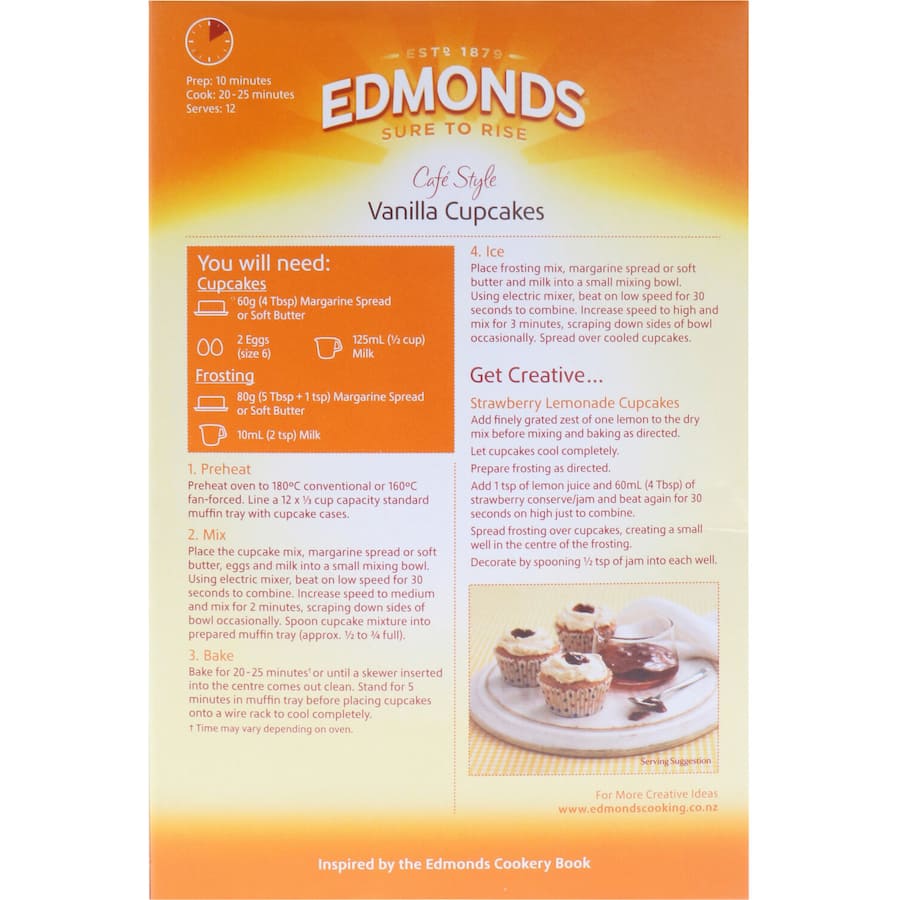 Edmonds Cupcake Mix for moist vanilla cupcakes, perfect for parties, easy to customize with toppings and frostings.