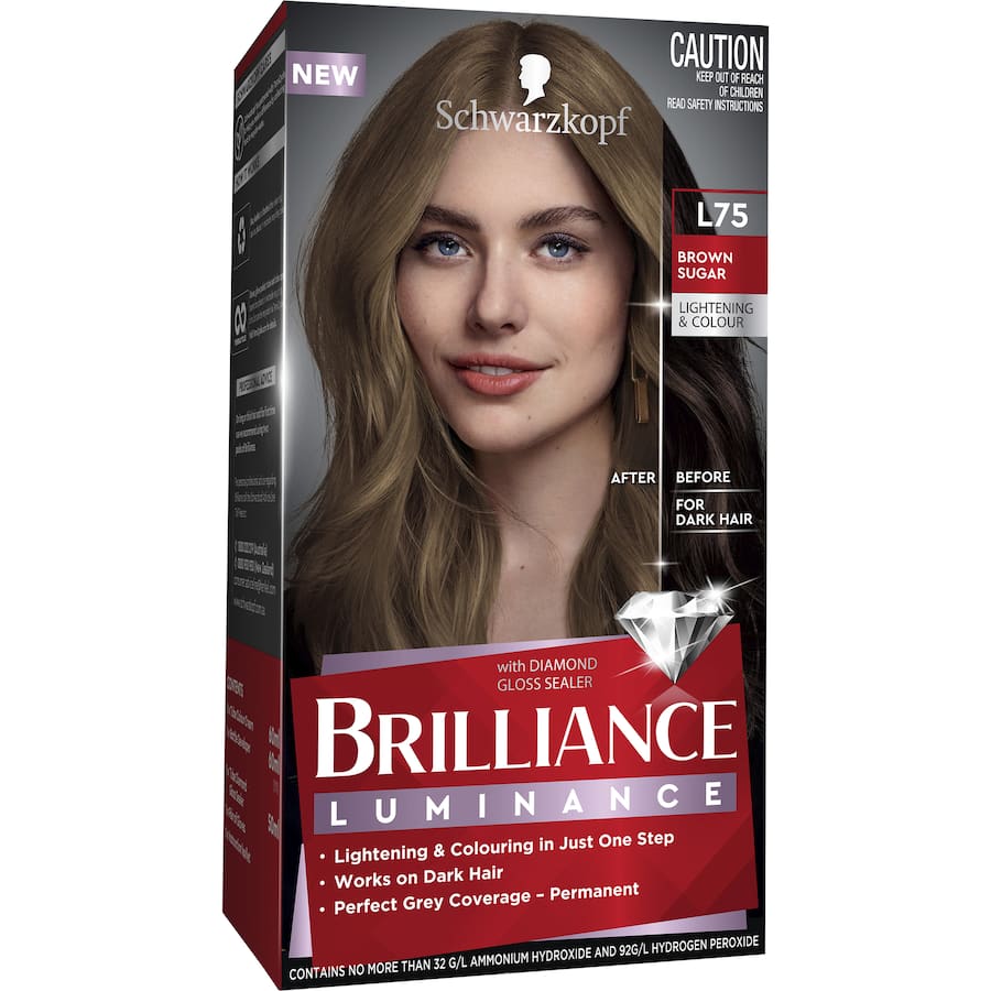 Schwarzkopf Brilliance L75 Brown Sugar: vibrant, long-lasting hair colour with grey coverage and nourishing Diamond Gloss Sealer.