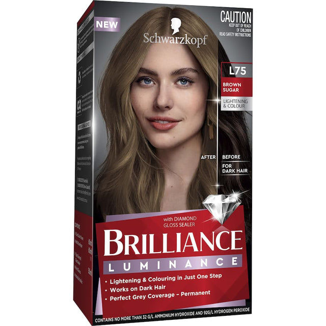 Schwarzkopf Brilliance L75 Brown Sugar: vibrant, long-lasting hair colour with grey coverage and nourishing Diamond Gloss Sealer.