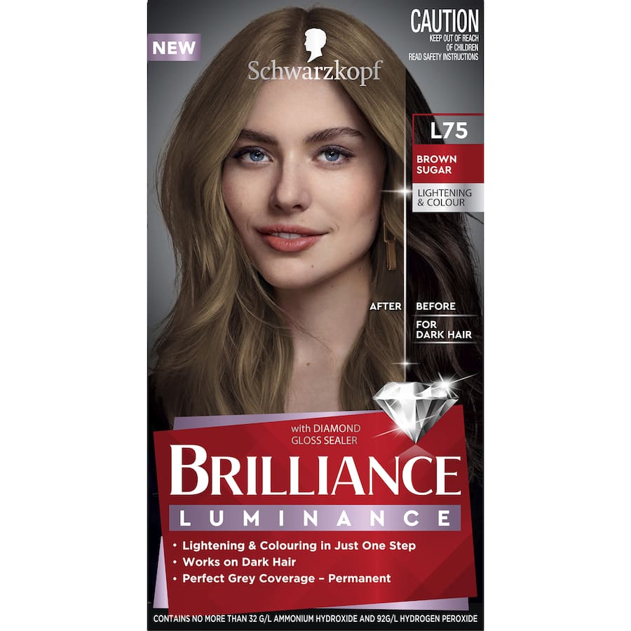 Schwarzkopf Brilliance L75 Brown Sugar hair colour kit with diamond gloss sealer for vibrant, long-lasting colour on dark hair.