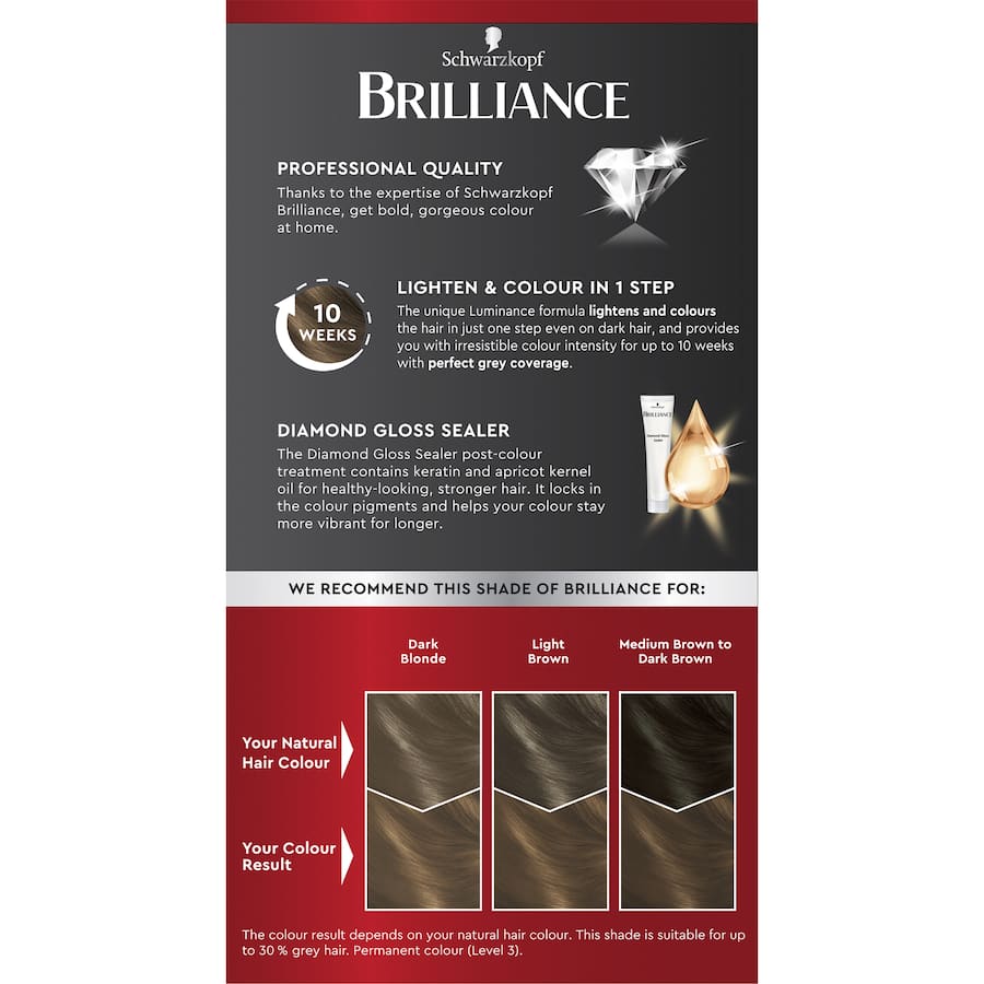 Schwarzkopf Brilliance L75 Brown Sugar hair dye offers vibrant, long-lasting colour and perfect grey coverage in one step.