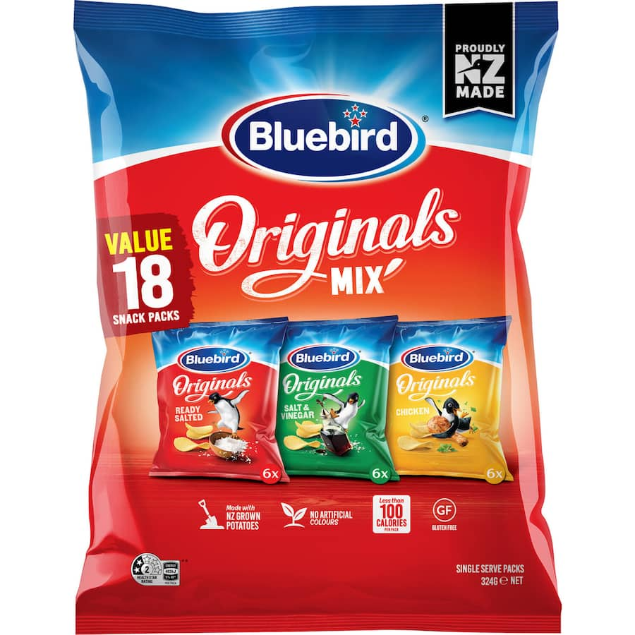 Bluebird Originals Chips Multipack features 18 snack packs of Ready Salted, Salt & Vinegar, and Chicken flavors, guilt-free crunch.