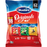 Bluebird Originals Chips Multipack features 18 snack packs of Ready Salted, Salt & Vinegar, and Chicken flavors, guilt-free crunch.