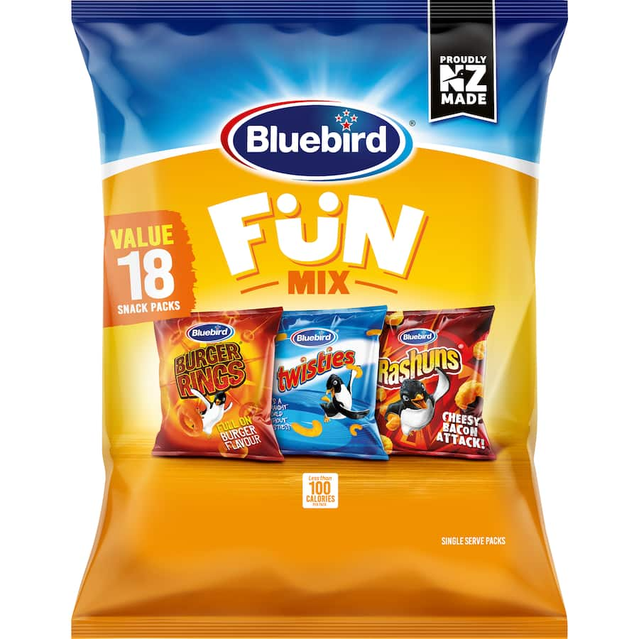 A colorful multipack of Bluebird snacks including Burger Rings, Twisties, and Rashuns, perfect for sharing and guilt-free enjoyment.