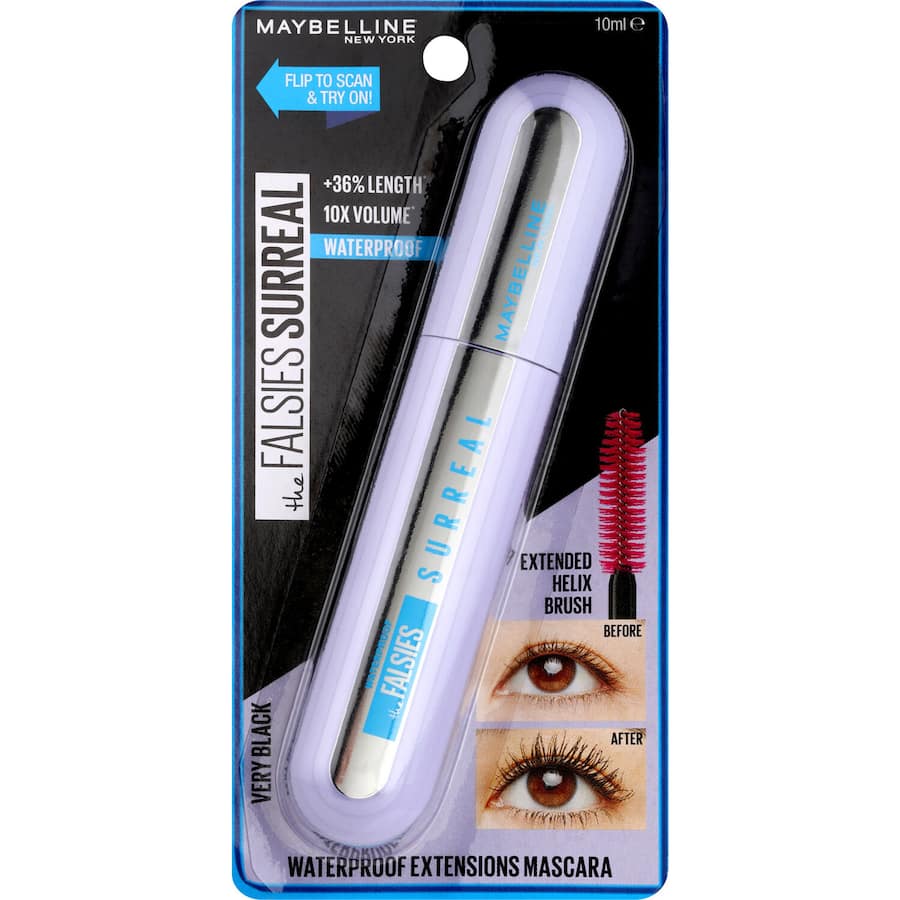 Maybelline Waterproof Falsies Surreal Black mascara enhances lashes with 3mm length, featuring a clump-free, long-lasting formula.