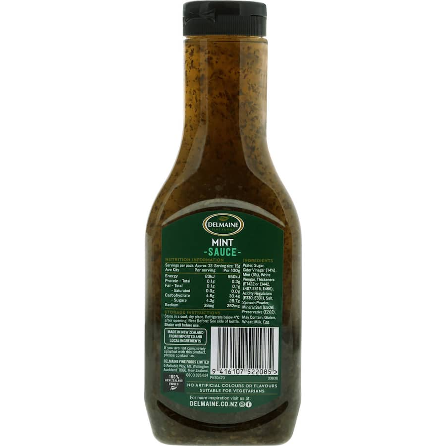 Delmaine Mint Sauce: a versatile NZ condiment for lamb, poultry, and salads, made with fresh mint for a zesty flavor.