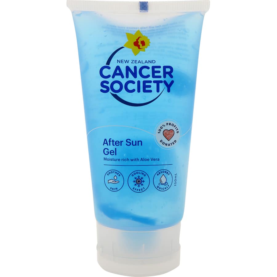 Soothing after-sun gel with aloe vera, hydrates and cools sun-exposed skin, supporting Kiwis affected by cancer.