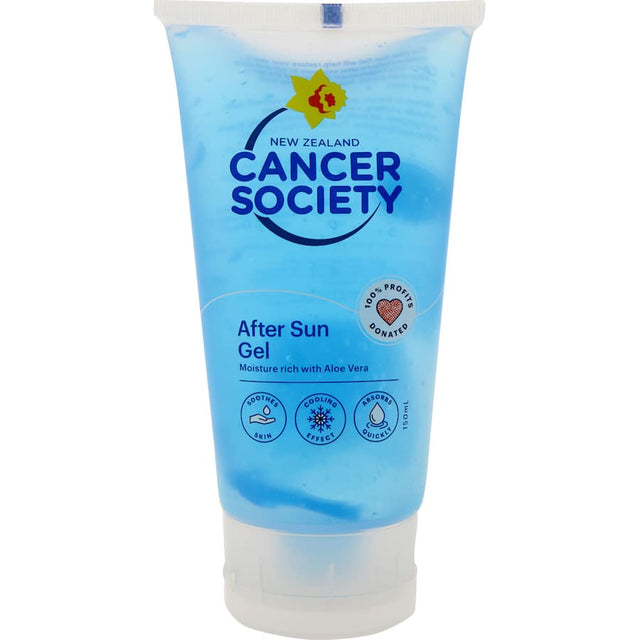 Soothing after-sun gel with aloe vera, hydrates and cools sun-exposed skin, supporting Kiwis affected by cancer.