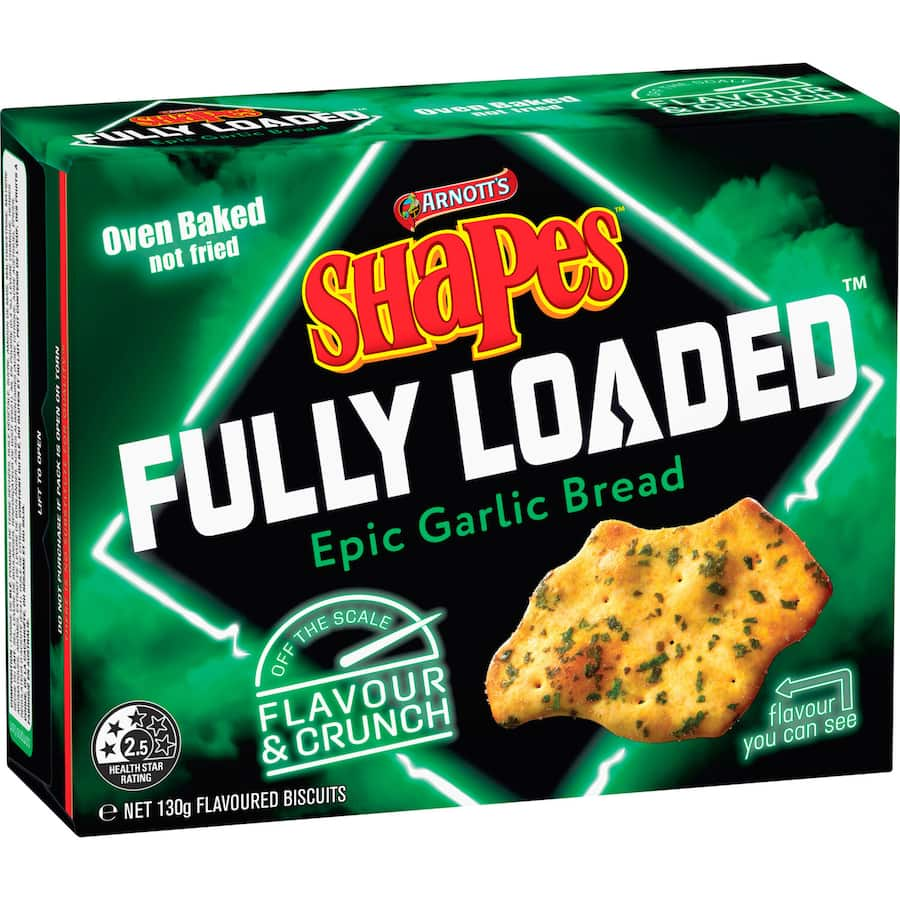 Arnotts Shapes Fully Loaded Epic Garlic Bread crackers, crunchy and savory, perfect for snacking or pairing with dips.