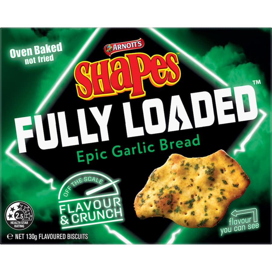 Crunchy Arnotts Shapes crackers with rich garlic bread flavor, perfect for dipping or snacking at any gathering.