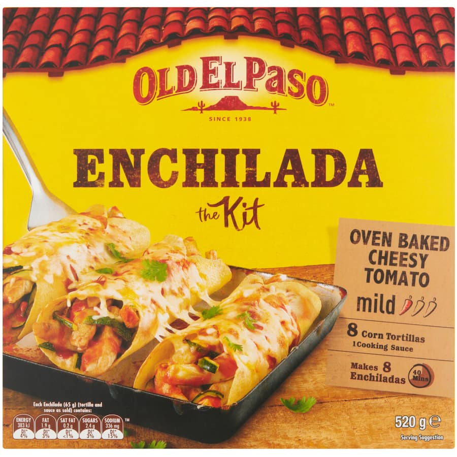 Old El Paso Mexican Enchilada Kit with soft tortillas, zesty sauce, and cheese for a quick, delicious homemade meal.