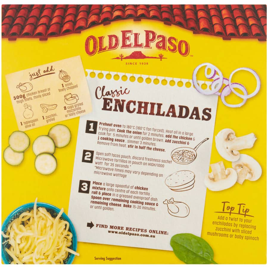 Old El Paso Mexican Enchilada Kit with soft tortillas, zesty sauce, and cheese for easy homemade enchiladas.