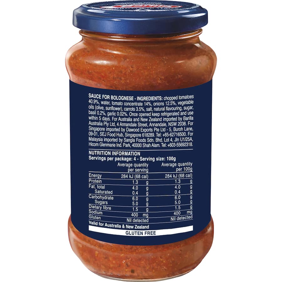 Rich Barilla Bolognese sauce made with Italian tomatoes, garlic, and herbs, perfect for elevating any pasta dish.