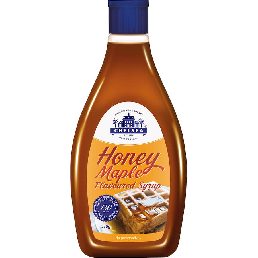 Chelsea Honey & Maple Syrup Flavoured syrup perfect for pancakes, waffles, and yogurt, blending honey's richness with maple's sweetness.