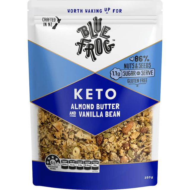 Blue Frog Keto Muesli with almond butter and vanilla bean, ideal for keto diets, gluten-free, low-carb, and nutritious breakfast option.