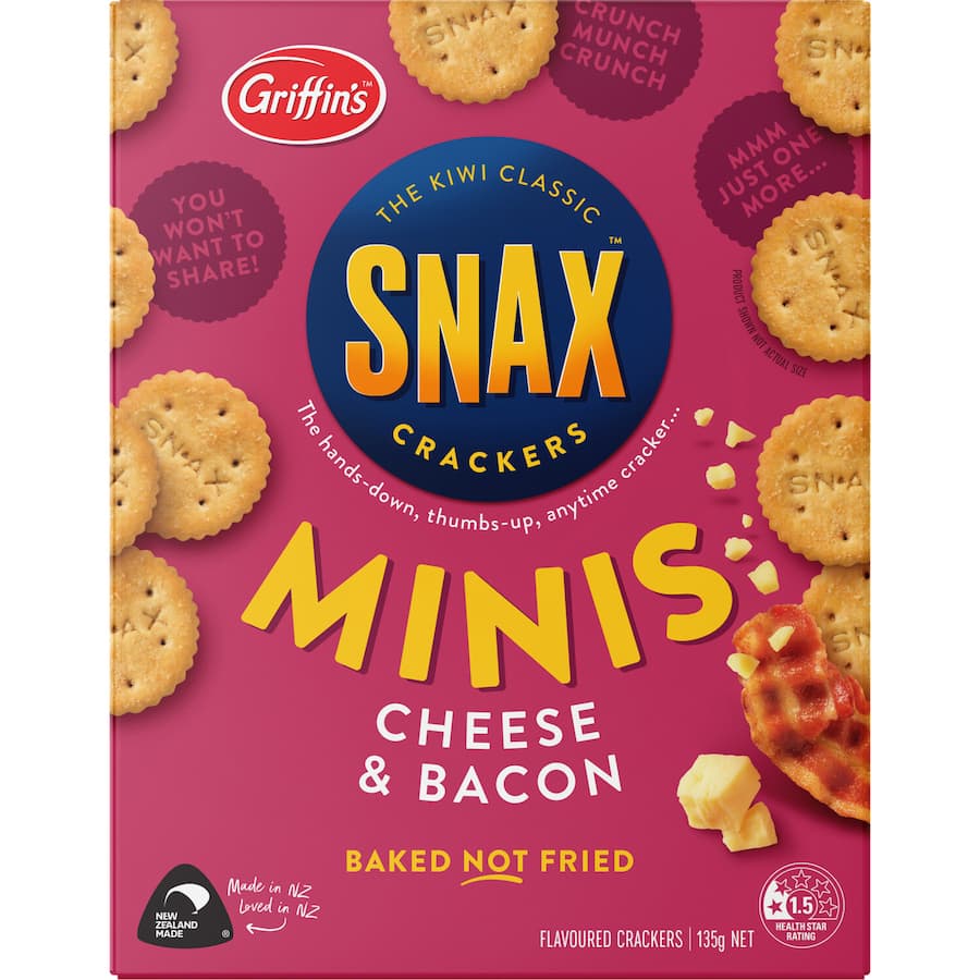 Bite-sized cheese and bacon crackers, perfectly seasoned for a deliciously crunchy snack experience.