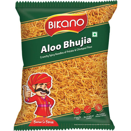 Bikano Aloo Bhujia - a crunchy, spicy potato snack, perfect for tea-time or as a flavorful topping for dishes.