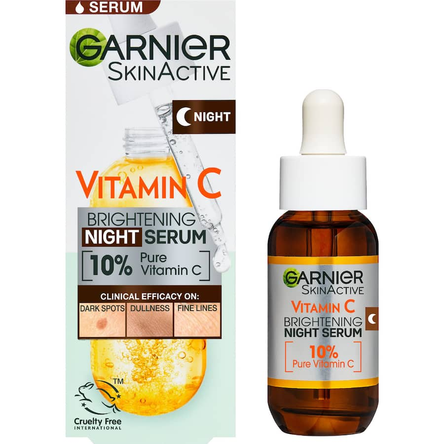 Garnier Skin Active Night Serum with 10% Vitamin C brightens and revitalizes dull skin overnight for a radiant complexion.