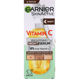 Garnier Skin Active Night Serum with 10% Vitamin C revitalizes and brightens dull skin overnight for a radiant complexion.