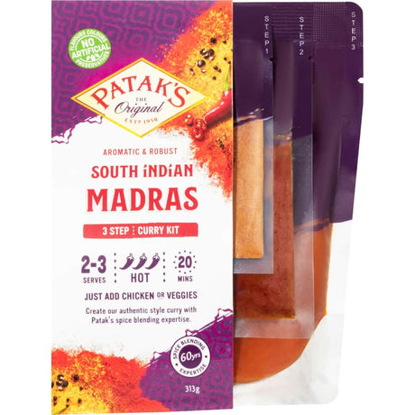 Patak's Madras Curry Sauce Kit with spices and sauce for easy, flavorful Indian dishes at home.