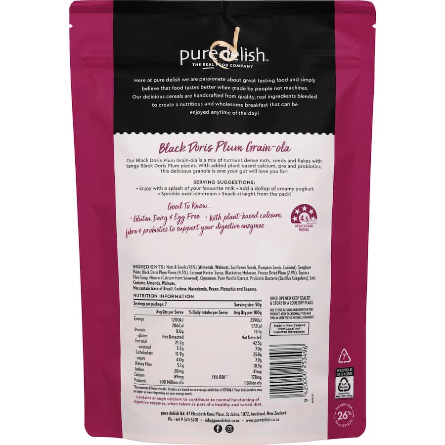 Pure Delish Granola with Black Doris Plum, packed with fiber and nutrients for gut health and a delicious breakfast or snack.