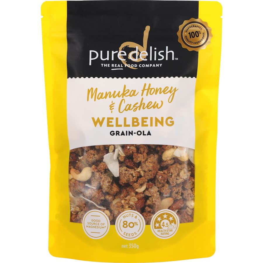 Pure Delish Granola Wellbeing with Manuka honey, a nutritious, gluten-free breakfast or snack rich in flavor and health benefits.