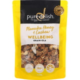 Pure Delish Granola Wellbeing with Manuka honey, a nutritious, gluten-free breakfast or snack rich in flavor and health benefits.