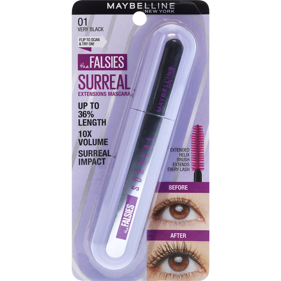 Maybelline Falsies Mascara Surreal Lash featuring a helix brush for extended, clump-resistant lashes with lasting wear.