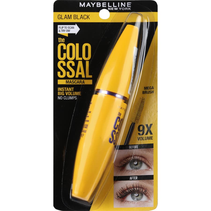 Bold voluminous lashes with Maybelline Colossal Washable Mascara in Glam Black, featuring a clump-free, easy-to-remove formula.