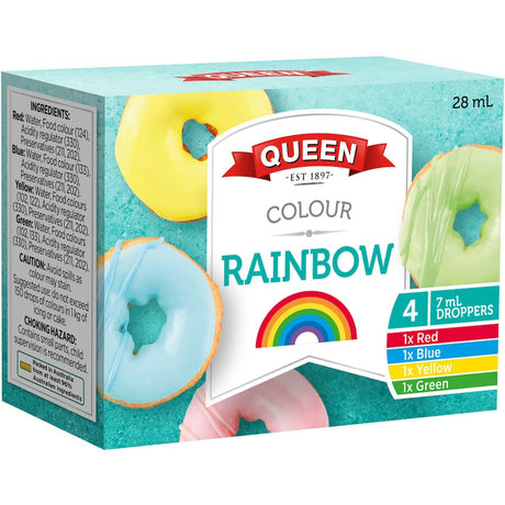 Queen Food Colour Multi Pack containing blue, green, red, and yellow droppers for vibrant culinary creations.