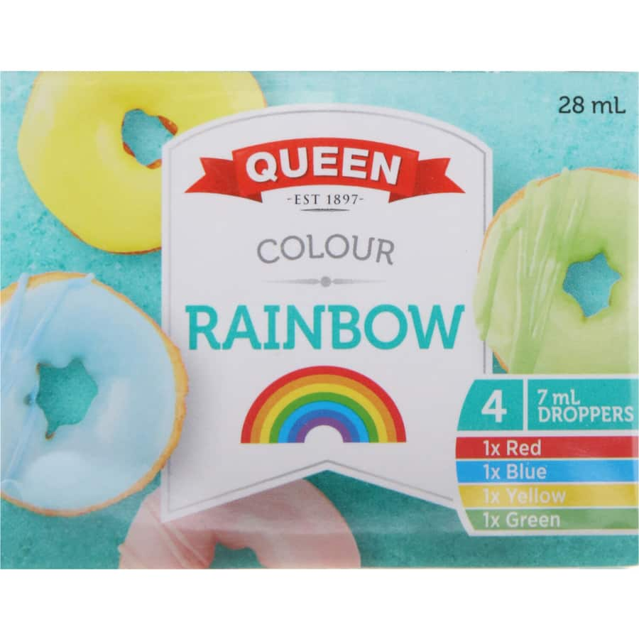 Queen Food Colour Multi Pack with droppers of blue, green, red, and yellow for vibrant baking and food decorating.