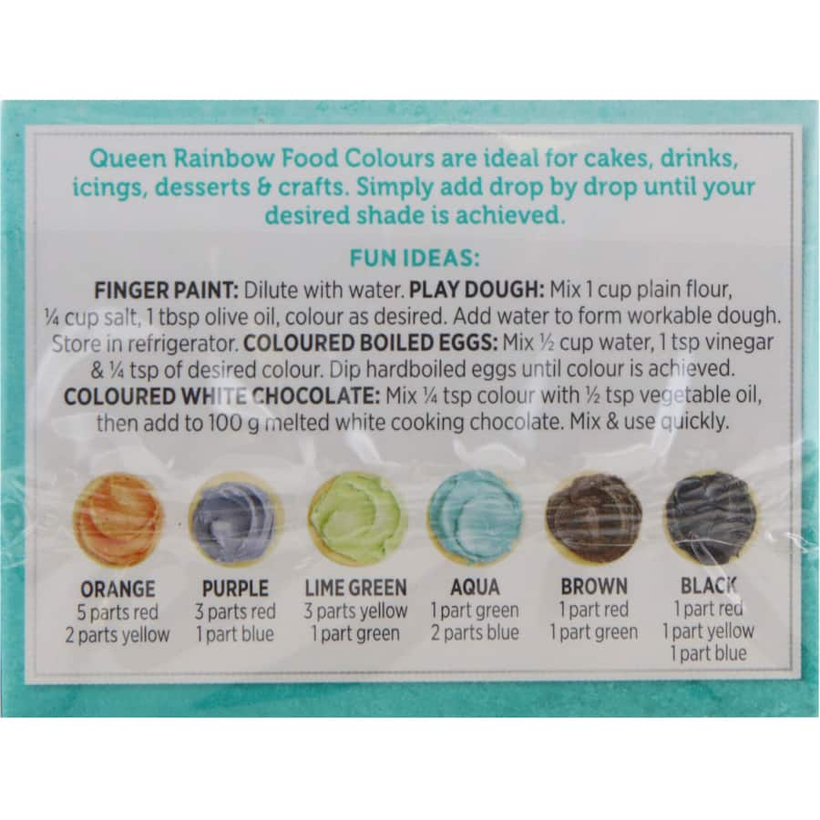 Queen Food Colour Multi Pack featuring droppers of blue, green, red, and yellow for vibrant, precise food coloring.