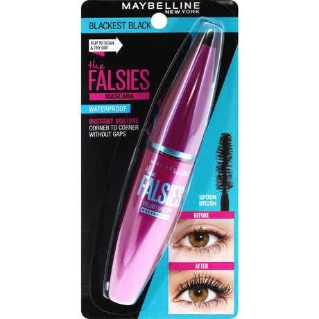 Maybelline Falsies Waterproof Mascara enhances lashes with fiber technology for length, volume, and 24-hour smudge resistance.