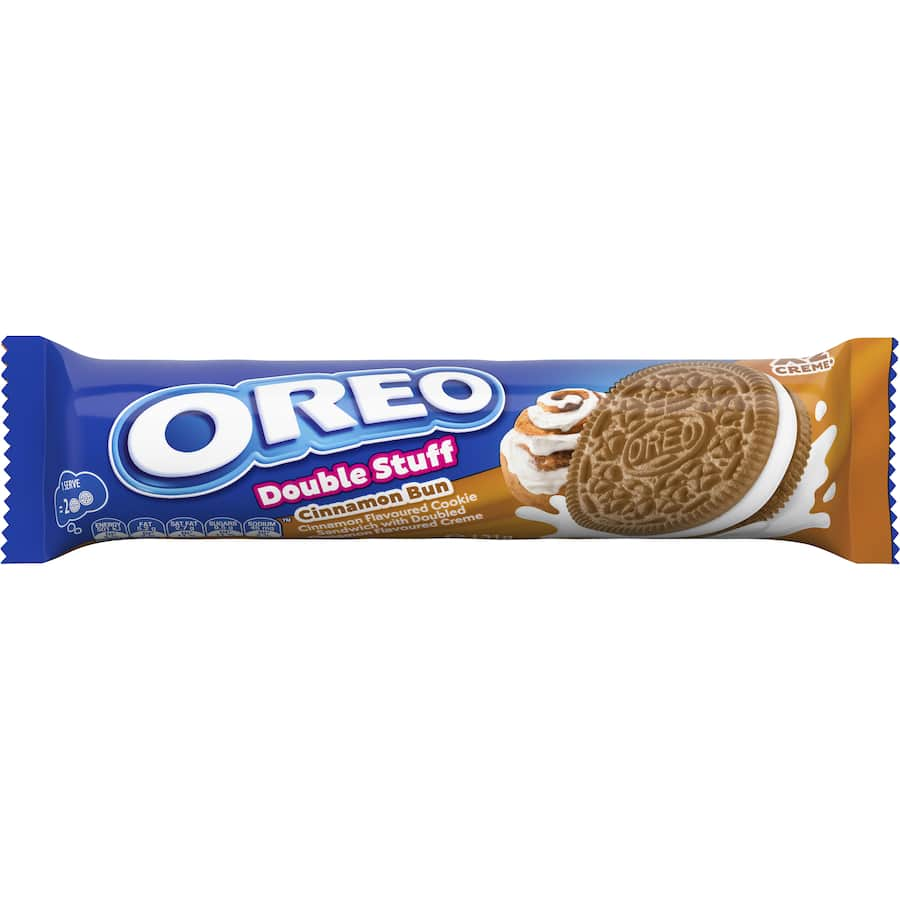 Oreo Double Stuff biscuits with a cinnamon bun flavor, featuring rich cream filling and iconic chocolate wafers.