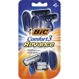 Bic Comfort 3 Disposable Razor Advance with 3 blades, ergonomic handle, pivoting head, and Aloe-infused lubricating strip.