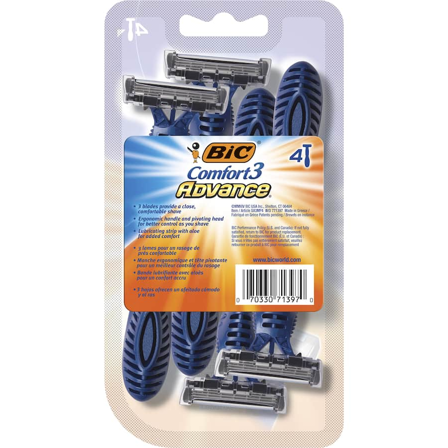 Bic Comfort 3 Disposable Razor with 3 blades, textured handle, pivoting head, and Aloe lubricating strip for a smooth shave.