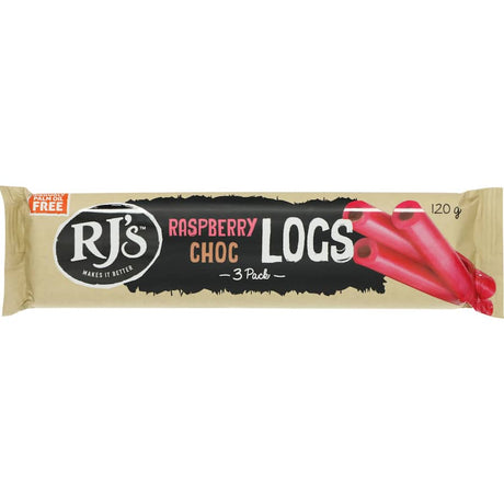 Rjs Licorice Raspberry Chocolate Logs in a 3-pack, featuring rich chocolate, tangy raspberry, and soft licorice flavors.