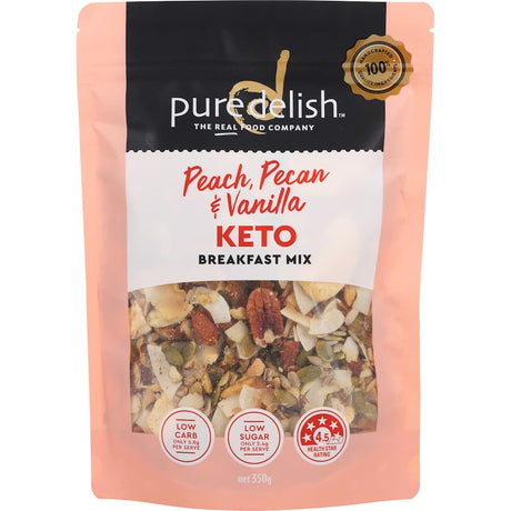 Pure Delish Keto Breakfast Mix with peach, pecan, and vanilla for a flavorful, nutritious, low-carb breakfast option.