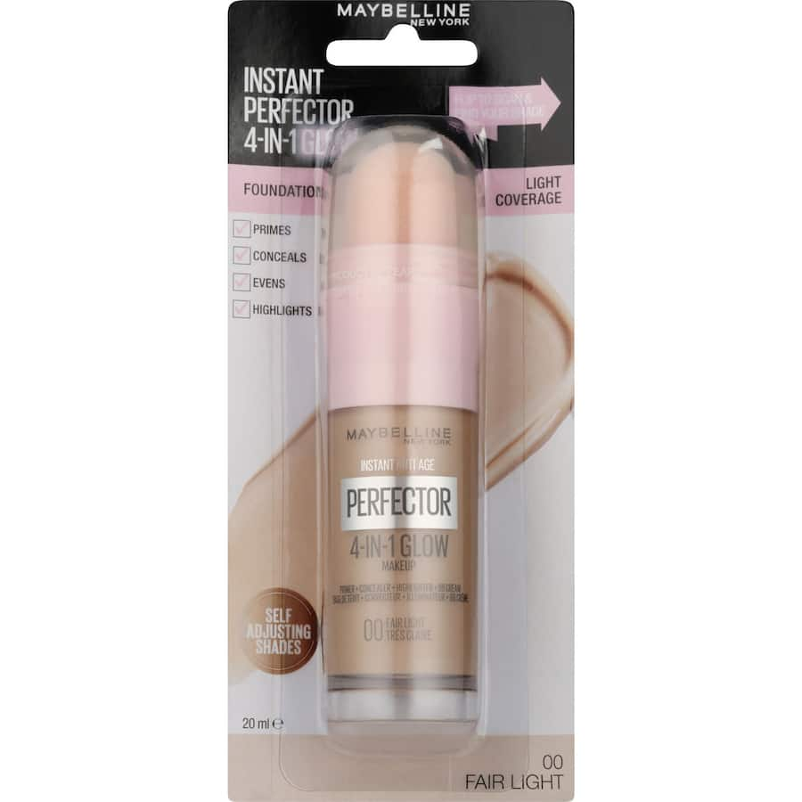 Maybelline Liquid Make Up Instant Perfector in Fair Light for radiant, smooth skin with 4-in-1 versatile glowing formula.