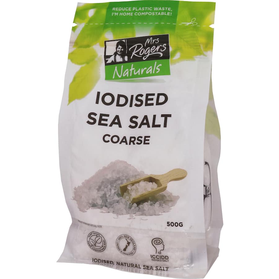 Mrs Rogers Sea Salt Iodised in a clear package, promoting flavor enhancement and thyroid health, no additives.