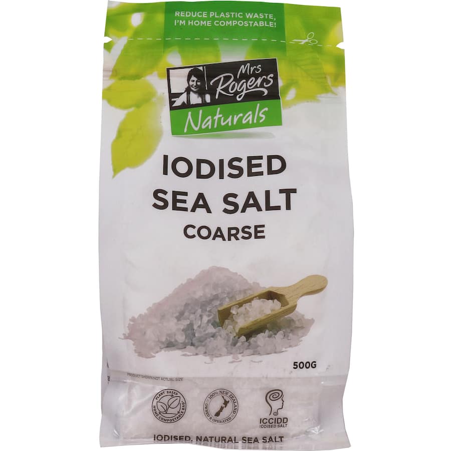 Mrs Rogers Sea Salt Iodised in a clear package, rich in iodine for enhancing flavors and promoting thyroid health.