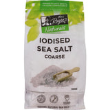 Mrs Rogers Sea Salt Iodised in a clear package, rich in iodine for enhancing flavors and promoting thyroid health.