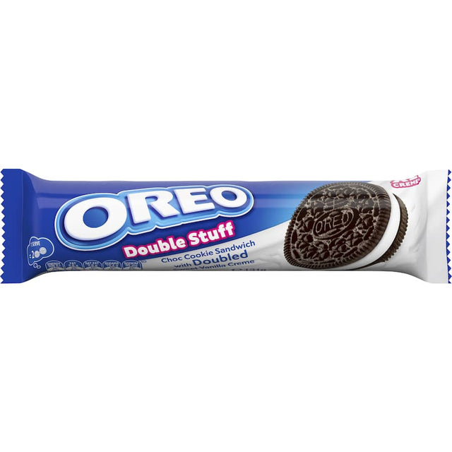 Oreo Double Stuff biscuits featuring rich chocolate cookies and double layers of creamy filling, perfect for snacks or desserts.