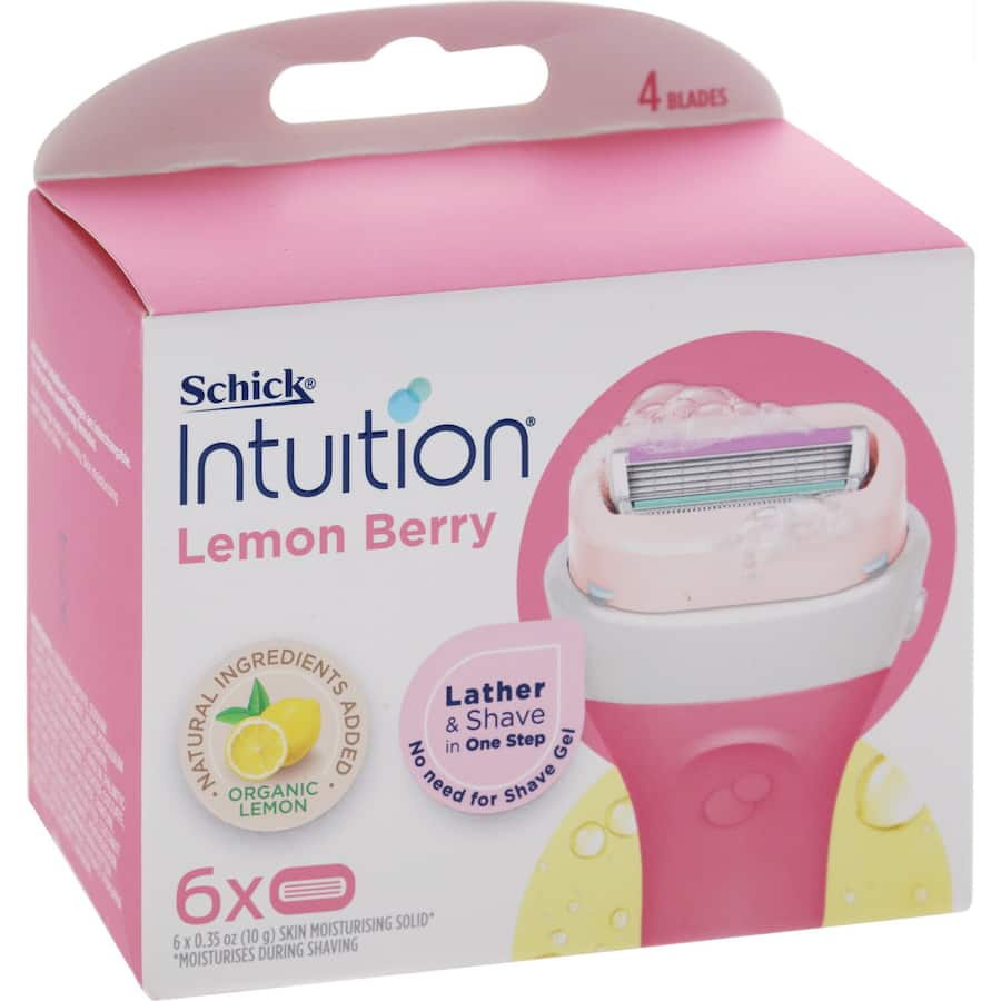 Schick Intuition Razor Lemon Berry Refill with built-in moisturizing cream for a smooth, hydrating shave infused with lemon and berry.